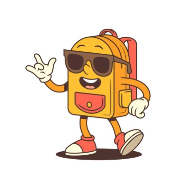 Sırt çantası maskotu güneş gözlüğü takıyor ve rahat duruşu ve kendine güvenen gülümsemesiyle barış işareti yapıyor. Yaşam tarzı temaları, gençlik kampanyaları ya da yaratıcı sosyal içerik için uygun. Vektör illüstrasyonu.