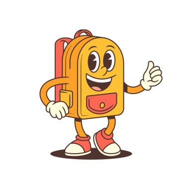 Hoş geldin diyen bir sırt çantası karakteri yükseltilmiş bir kol sallamasıyla ayakta duruyor ve sıcak bir şekilde gülümsüyor, selamlama, sosyal medya veya görsel vektör illüstrasyonu gerektiren eğitici bağlamlar için mükemmel.