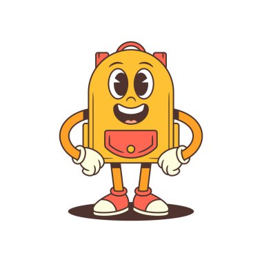 Geniş gülüşlü, kendine güvenen bir sırt çantası karakteri elleri kalçasında gururla durur, güç ve çekicilik yayar. Markalaşma, eğitim ya da motivasyon projeleri için ideal. vektör illüstrasyonu