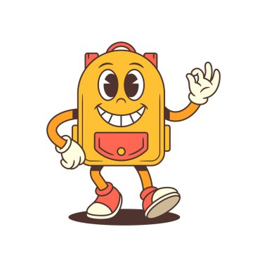 Sırt çantalı maskot kocaman bir gülümsemeyle, enerji ve cesaret getiren bir beşlik için elini kaldırıyor. Gençlerin markalaşması, motivasyonu ya da takım çalışması temaları için harika. vektör illüstrasyonu