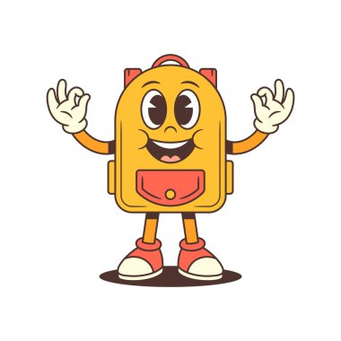 Oyuncu sırt çantalı maskot iki elini de açık avuçlarıyla ve kocaman bir gülümsemeyle kaldırıyor, neşe saçıyor ve hoş bir karşılama havası veriyor. Kutlama, okul markası ve dostane içerik için ideal. vektör illüstrasyonu