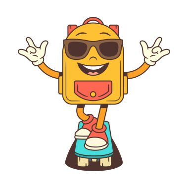 Kendine güvenen sırt çantası maskotu kaykayın üzerinde duruyor, güneş gözlüğü takıyor ve iki eliyle taş gibi bir jest yapıyor. Heyecanlı, gençlik odaklı promosyon görselleri için mükemmel. vektör illüstrasyonu