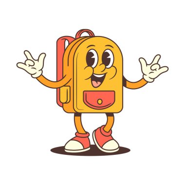 Animasyon sarı sırt çantası maskotu, anlamlı gözleri, neşeli gülüşü ve enerjik duruşu var. Okul projeleri, gençlik promosyonları ve oyuncu markalar için ideal. Parlak ve canlı vektör çizimi