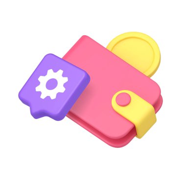 Renkli üç boyutlu cüzdan, para ve ayarlar finansal yönetim, dijital para hizmetleri ve iş ve bankacılık platformları için uygulama araçlarını temsil etmektedir. İzole edilmiş 3d simge vektör illüstrasyonu