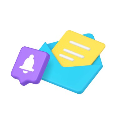 Uyarı işaretli açık mavi zarf, e-posta uyarısı, dijital mesaj güncellemesi, iletişim sinyali ve gelen yazışmaları temsil ediyor. İzole edilmiş 3d simgesi gerçekçi vektör illüstrasyonu