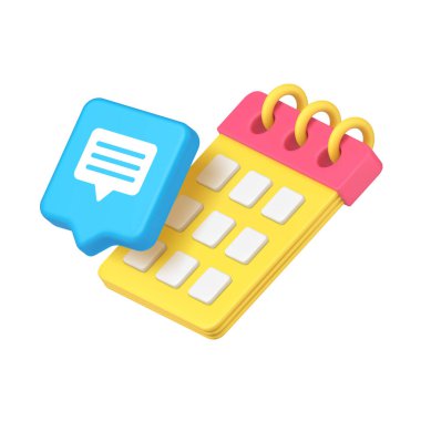 Parlak mavi sohbet balonu, iletişim ve iş planlama, etkinlik planlaması ve dijital pazarlamayı temsil eden canlı sarı bir takvimle örtüşüyor. İzole edilmiş 3d simgesi gerçekçi vektör illüstrasyonu