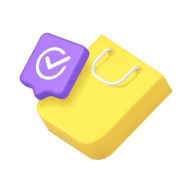 Canlı 3D simgesi, onaylamayı temsil eden mor bir işaret ve başarılı alışverişleri sembolize eden parlak sarı bir alışveriş çantası içeriyor. İzole edilmiş 3d simgesi gerçekçi vektör illüstrasyonu