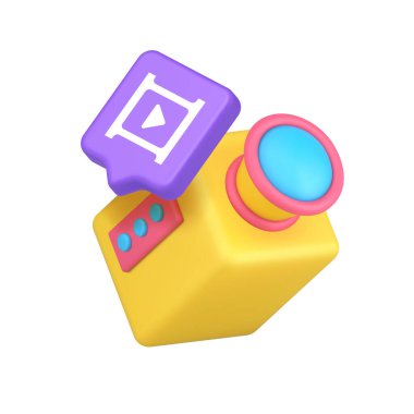 Bir kamera içeren canlı 3D simge ve medya içeriğini, video kaydını ve çevrimiçi yayınlamayı sembolize eden oynat düğmesi. Dijital kullanım için ideal. İzole edilmiş 3d simgesi gerçekçi vektör illüstrasyonu