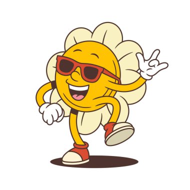 Çiçek maskotu güneş gözlükleriyle dans ediyor ve kollarını kaldırıyor. Bir bacağı dinamik bir pozda kaldırıyor. Neşeli hareketler, şenlikli tasarımlar ve yaz temalı çizimler için ideal. vektör illüstrasyonu