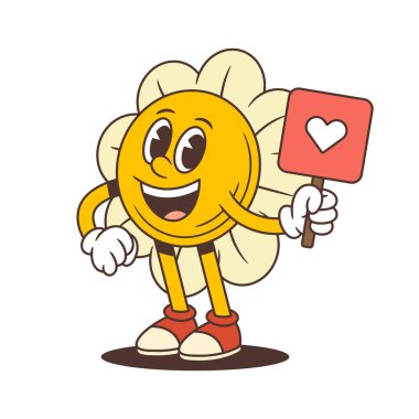 Çiçek maskotu gülümsüyor bir elinde beyaz kalp işareti diğer elinde ise pozitif bir duygu yayıyor. Çıkartmalar, çocuk projeleri ve şirin yaz grafikleri için mükemmel. vektör illüstrasyonu