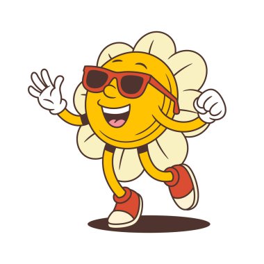 Geçmişe dönük havalı çiçek maskotu barış işareti ve güneş gözlükleriyle güvenli bir şekilde yürüyor, neşeli yaz enerjisi saçıyor. Çocuklar için harika içerikler, markalaşma ya da eğlence tasarım unsurları. vektör illüstrasyonu