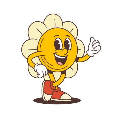 Büyüleyici geçmişe dönük çiçek maskotu, eli kalçasında ve parlak bir jest, neşeli bir güven sunuyor. İyimserliği ve gençlik odaklı içeriği destekleyen kampanyalar için mükemmel. vektör illüstrasyonu