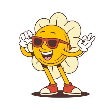 Çiçek maskotu, rahat gülüşlü güneş gözlüğü takıyor, kendine güveni tam. Geçmişe dönük markalaşma, modaya uygun gençlik projeleri ya da eğlenceli yaz içeriği için mükemmel. vektör illüstrasyonu
