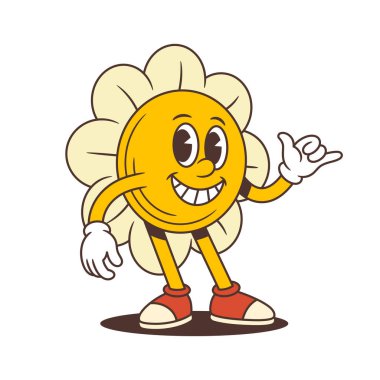 Çekici bir çiçek maskotu. Büyük bir gülümseme ve kendinden emin bir jest. Dostane bir geçmişe dönüş enerjisi yayıyor. Yaz kampanyaları için mükemmel, çocuklar için uygun, ya da neşeli karakter markalaşması. vektör illüstrasyonu