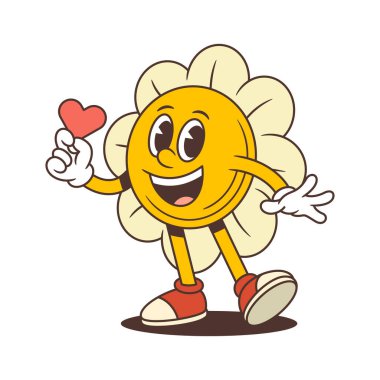 Renkli çiçek maskotu parlak gülüşlü, ışıl ışıl gözlü sevgi ve pozitiflik saçan bir kalp tutuyor. Duygusal markalaşma, çocuk projeleri ve romantik tasarımlar için harika. vektör illüstrasyonu