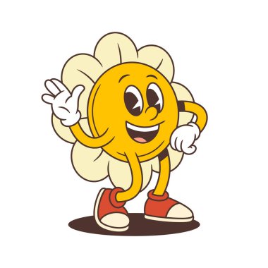 Sıcak bir gülümseme ve soğukkanlılıkla el sallayan dost canlısı çiçek maskotu açıklık ve tezahürat saçıyor. Olumlu markalaşma, çocuk tasarımları ya da eğlenceli sosyal medya içerikleri için harika. vektör illüstrasyonu