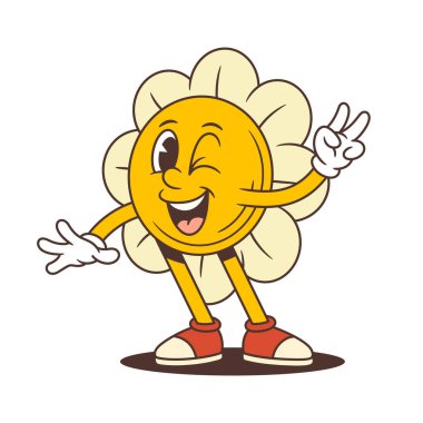 Şakacı çiçek maskotu göz kırpan ve muzip bir ifadeyle barış işareti gösteriyor. Gençlik hedefli tasarımlar, çıkartmalar ve yaz temalı yaratıcı içerik için harika. vektör illüstrasyonu