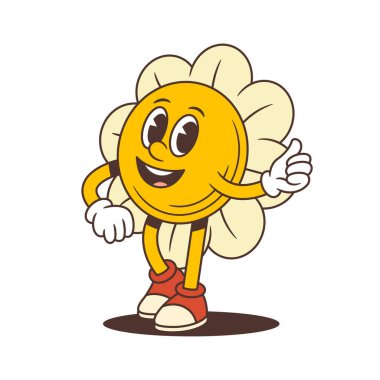 Neşeli çiçek maskotu sıcak bir gülümseme ile gelişigüzel ayakta dikilirken başparmağını kaldırıyor. Markalaşma için mükemmel, çocukların içeriği, olumlu görseller ve arkadaş canlısı dijital çıkartmalar. vektör illüstrasyonu