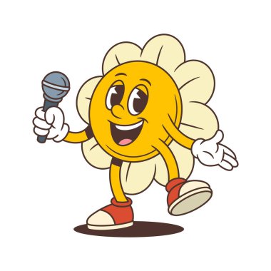 Tutku ve enerjiyle mikrofona şarkı söyleyen etkileyici çiçek maskotu, müzik temalı projeler, performans görselleri ve eğlence markaları için ideal. vektör illüstrasyonu