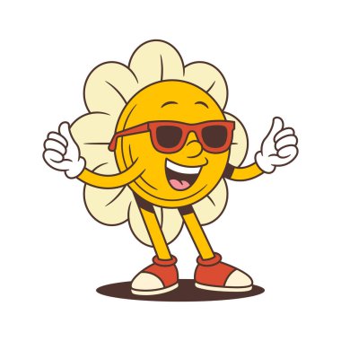 Kendine güvenen çiçek maskotu şık güneş gözlüğü takıyor ve iki başparmağı da havada gururla gülümsüyor. Gençlik grafikleri, pozitif markalaşma ve popüler yaz içeriği için mükemmel. vektör illüstrasyonu