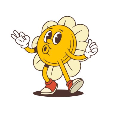 Neşeli çiçek maskotu sevinçle el sallıyor ve gülümsüyor, heyecan ve yakınlık dolu. Eğitici materyaller, çocuk tasarımları ve canlı çizgi film içeriği için ideal. vektör illüstrasyonu