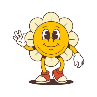 Teşvik edici çiçek maskotu ayakta duruyor ve el sallıyor, pozitiflik ve onay yayıyor. Motivasyon içeriği, çocuk ürünleri ve eğlenceli dijital varlıklar için ideal. vektör illüstrasyonu