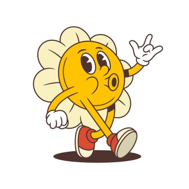 Neşeli retro çiçek maskotu hafif bir gülümseme ve bir parmağını kaldırmış, işaret tavsiyesi ya da olumlu bir içgörü ile rahatça geziniyor. Eğitim, yaşam tarzı ya da çocuk temalı görseller için ideal. vektör illüstrasyonu