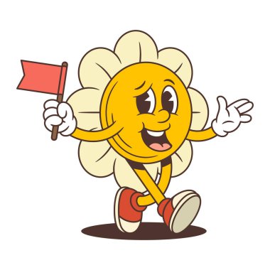 Bir elinde küçük bir bayrak tutan neşeli çiçek maskotu diğer elinde ise pozitifliği ve neşeli kutlamayı sembolize ediyor. Markalaşma ya da şakacı mesajlaşma için mükemmel. vektör illüstrasyonu