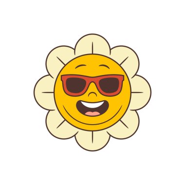Güneş gözlüğü takan, parlak bir gülümsemeyle ışıldayan, kendine güvenen ve gevşemiş bir hava saçan eski moda çiçek maskotu. Yaz için ideal, tatil temaları ya da yaşam tarzı içeriği. vektör illüstrasyonu.