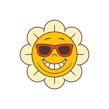 Kırmızı güneş gözlüklü, parlak sarı yüzlü ve krem rengi yapraklı mutlu ayçiçeği karakteri. Çocukların içeriği, yaz temaları ya da pozitif markalaşma için harika. Vektör illüstrasyonu