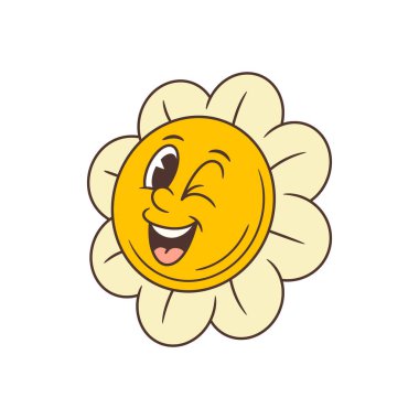 Parlak ve canlı çiçek karakteri pozitif enerji yayar büyük bir gülümseme, göz kırpma ve yumuşak krema yaprakları ile. Yaz temaları, logolar ve reklam tasarımları için mükemmel. Vektör illüstrasyonu