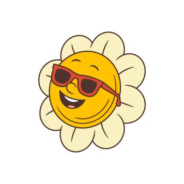 Retro çiçek karakteri şık güneş gözlüğü takıyor, neşeli ve kendine güvenen bir gülüşü var. Yaz temaları, sosyal medya paylaşımları ve eğlenceli promosyonlar için ideal. vektör illüstrasyonu