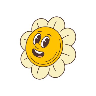 Gülümseyen büyük bir yüzü ve açık gözlü neşeli bir retro çiçek maskotu. Tebrik kartları, olumlu temalar ve neşeli mesajlar için mükemmel. vektör illüstrasyonu