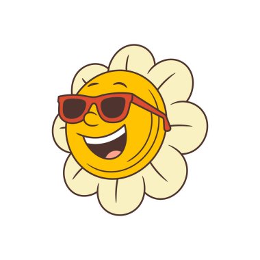 Şık güneş gözlüklü, kendine güvenen bir gülümsemesi olan hoş bir retro çiçek. Simetrik taç yaprakları yaz, tatil ve yaşam tarzı temaları için ideal modaya uygun, rahat ve eğlenceli titreşimleri vurgular. vektör illüstrasyonu