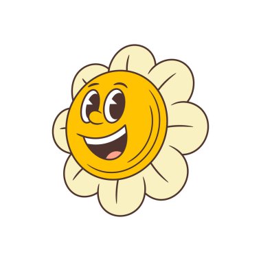 Gülümseyen büyük bir yüzü ve açık gözlü neşeli bir retro çiçek maskotu. Tebrik kartları, olumlu temalar ve neşeli mesajlar için mükemmel. vektör illüstrasyonu