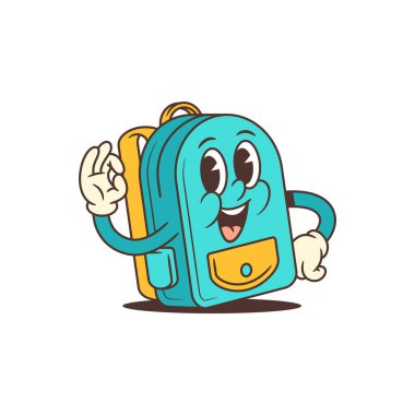 Neşeli bir ifadesi olan parlak ve enerjik bir sırt çantası maskotu ve iyi bir el işareti, okul temalı projeler, uygulamalar ya da markalaşma için mükemmel. Geçmişe dönük stil cazibe ve eğlence katar. Vektör illüstrasyonu