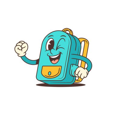 Neşeli sırt çantası maskotu neşeyle göz kırpıyor. Kendinden emin ve neşeli tasarım onaylama, pozitiflik ve neşeli enerjiyi iletir. Gençlerin mesajlaşması ve yaratıcı okul görselleri için mükemmel. vektör illüstrasyonu