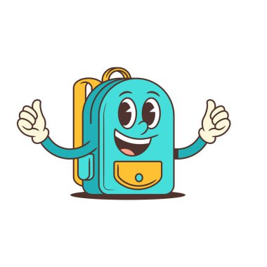Sırt çantası maskotu başparmağını kaldırıyor ve kendinden emin bir şekilde göz kırpıyor. Tasarım kutlamayı, pozitifliği ve eğlenceyi teşvik eder, etkinlikler, başarılar ve gençlik içerikleri için harikadır. vektör illüstrasyonu