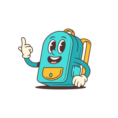 Mavi sırt çantası karakteri parlak bir gülümsemeyle bir parmağını kaldırıyor ve zekice bir fikir paylaşıyor. Enerjik ifade eğitim posterlerine, motivasyon temalarına ya da öğrenme platformlarına uyuyor. vektör illüstrasyonu