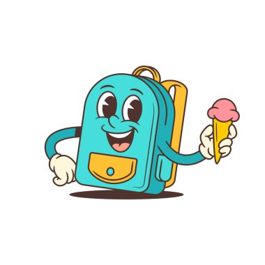 Mutlu çizgi film maskotu okul çantasının elinde rahat duruşu olan bir dondurma külahı mevsimsel gençlik içeriği için eğlence, sıcaklık ve neşeli titreşimler yayıyor. vektör illüstrasyonu