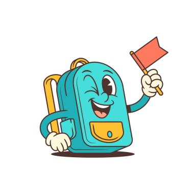 Retro sırt çantası karakteri, dinamik enerji ve kendine güvenle dalgalanan bir bayrak sallıyor, motivasyon okulu posterleri ya da kutlama grafikleri için ideal. vektör illüstrasyonu