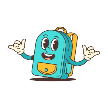 Enerjik okul sırt çantası maskotu, parlak mavi, eldivenli, taş gibi bir el hareketi yapıyor. Eğitici temalar, gençlerin markalaşması ve okul kampanyaları için ideal. Vektör illüstrasyonu