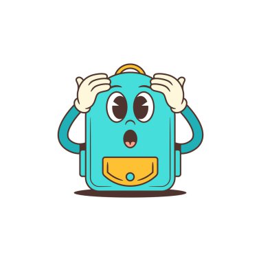 Parlak turkuaz renkli sırt çantası maskotu, etkileyici yuvarlak gözlü, şaşkın duruşlu, tutacağı olan ve kafasına dokunan. Okul projeleri, öğrenim kampanyaları ve gençlerin markalaşması için ideal