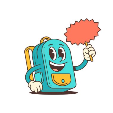 Açık mavi okul sırt çantası maskotu, sarı aksanlı, sivri bir konuşma kabarcığı işareti taşıyan canlı bir poz. Eğitim, iletişim ve çocuk projeleri için ideal eğlence ve bağlılık