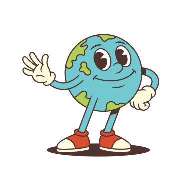 Gülümseyen yüzlü Dünya maskotu, bir eli kalçasında dinlenirken, bir elinde ifade eden gözler dalgalanıyor. Eğlenceli, enerjik tasarım çevre dostu eğitim ve farkındalık temalarına uyuyor. Vektör illüstrasyonu