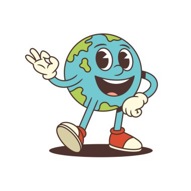 Parlak bir gülümseme ve dinamik bir jest ile enerjik çizgi film Dünya maskotu arkadaşlıkla coşkuyu birleştirir. Eko kampanyaları, küresel eğitim ve çevresel mesajlaşma için ideal. Vektör illüstrasyonu