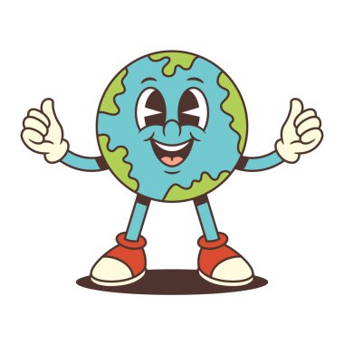 Dünya maskotu, büyük anlamlı gözleri ve dostane bir gülümsemesi var. İki kolun da baş parmaklarını kaldırdı. Çevre kampanyaları, eğitim ve olumlu mesajlar için mükemmel. Vektör illüstrasyonu