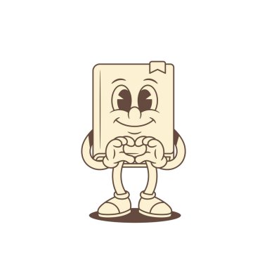 Gülümseyen çocuksu çizgi roman karakteri kalp vektör çizimini gösteriyor. Sevimli, sevimli edebiyat kitaplığı minimalist maskotluk aşkları. Sevgili Sevgililer Günü jesti.