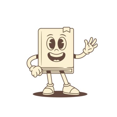 Sevimli, komik, çocuksu çizgi film karakteri gülümseyen merhaba vektör illüstrasyonu. Komik gülümseyen minimalist edebiyat kitabı kütüphanesi maskotu el sallayarak el bilgisi eğitimi veriyor.