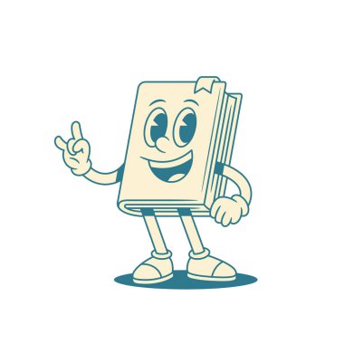 Garip çocuksu çizgi film karakteri rock jest çizimi. Şirin, gülümseyen minimalist edebiyat kütüphanesi maskotu olumlu duygularla eğleniyor.